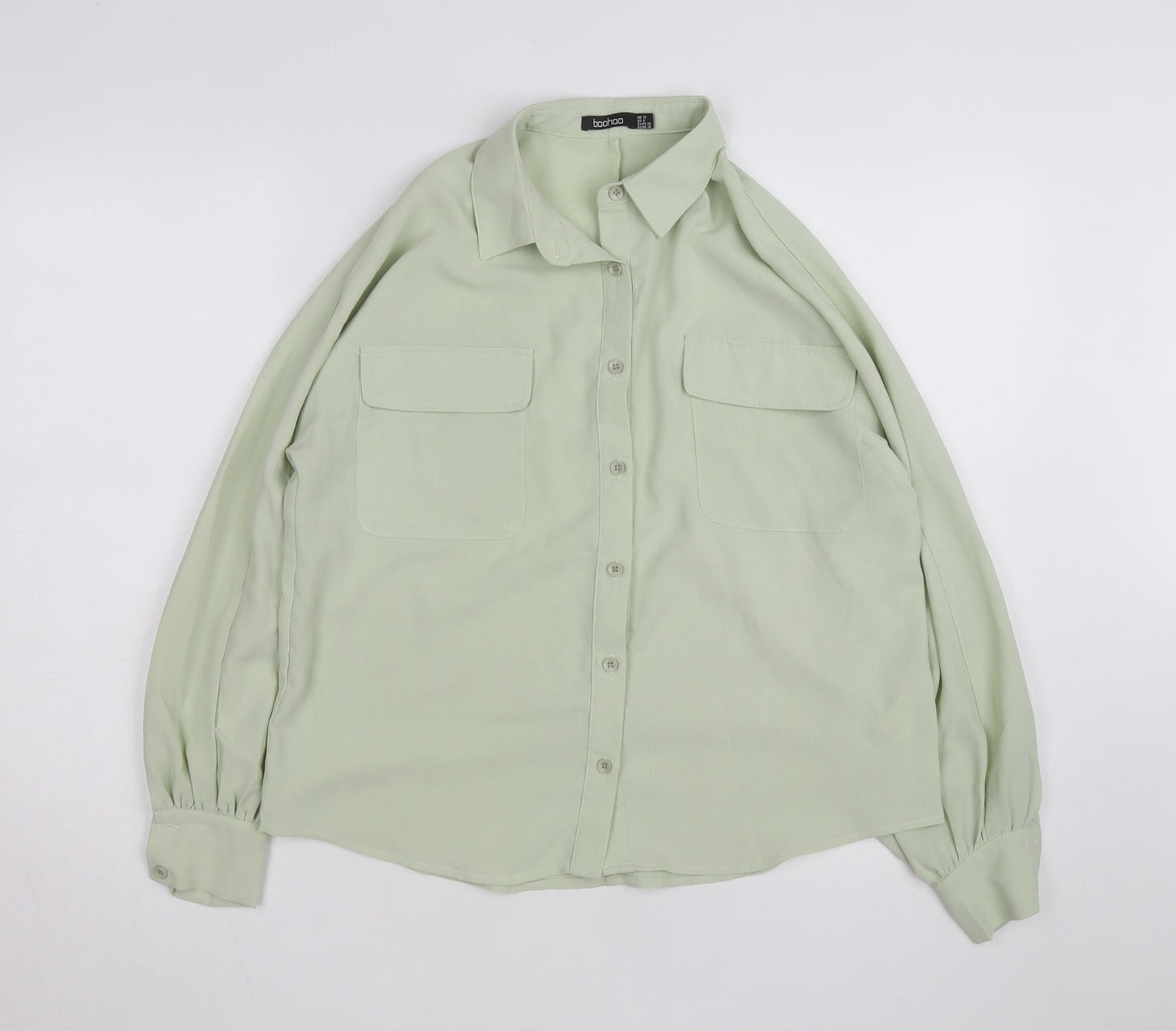 Boohoo Women Green Button-Up Long Sleeve Shirt Size 10