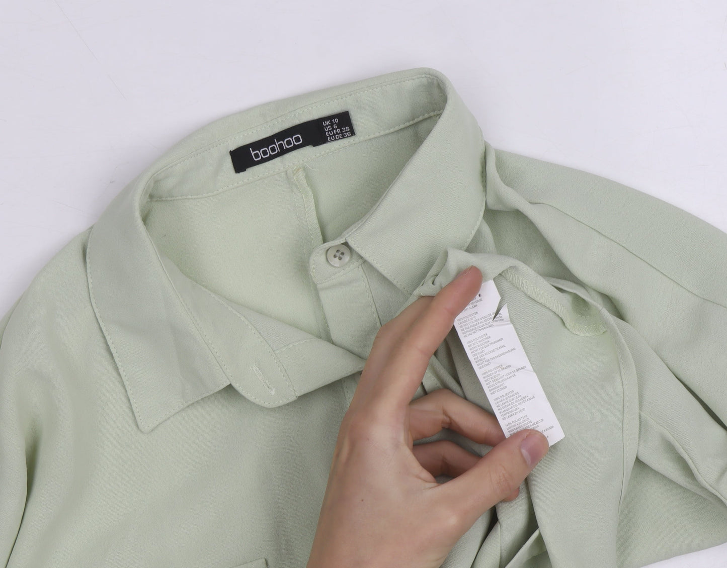 Boohoo Women Green Button-Up Long Sleeve Shirt Size 10