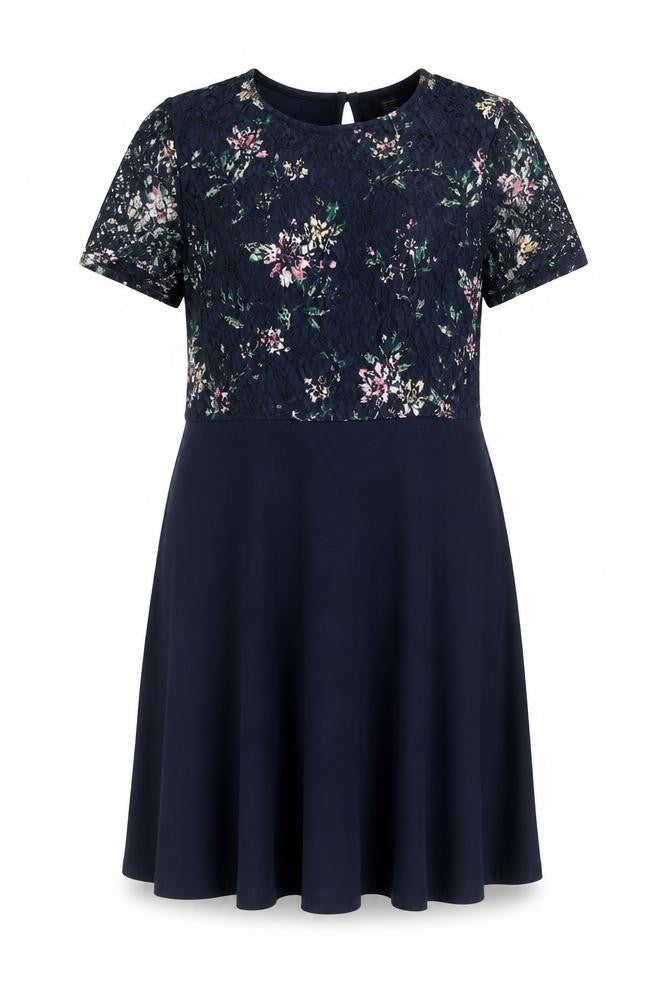 Front view of Dorothy Perkins Women Blue Floral Lace Fit & Flare Dress, size 16