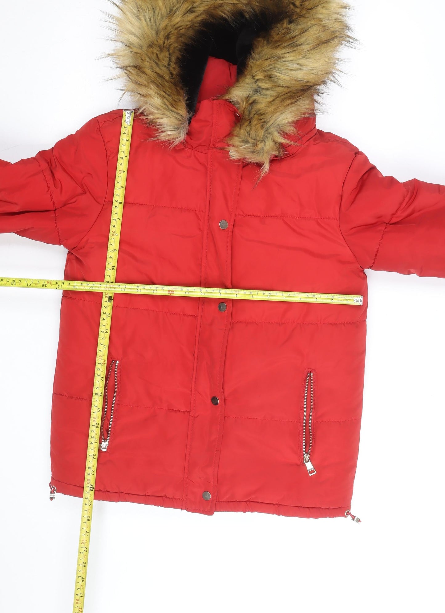F&F Women's Red Puffer Jacket with Faux Fur Hood Size 8