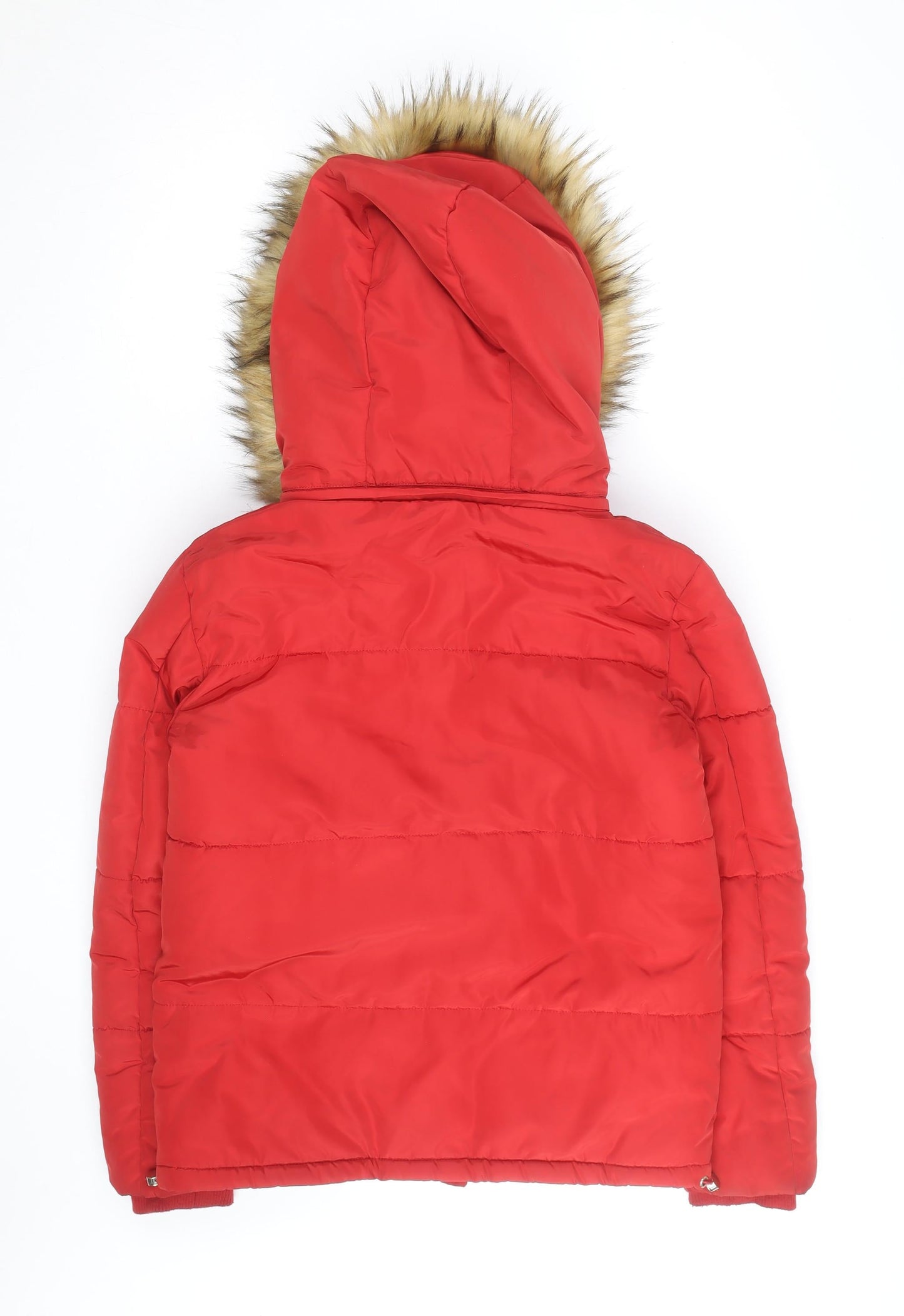 F&F Women's Red Puffer Jacket with Faux Fur Hood Size 8