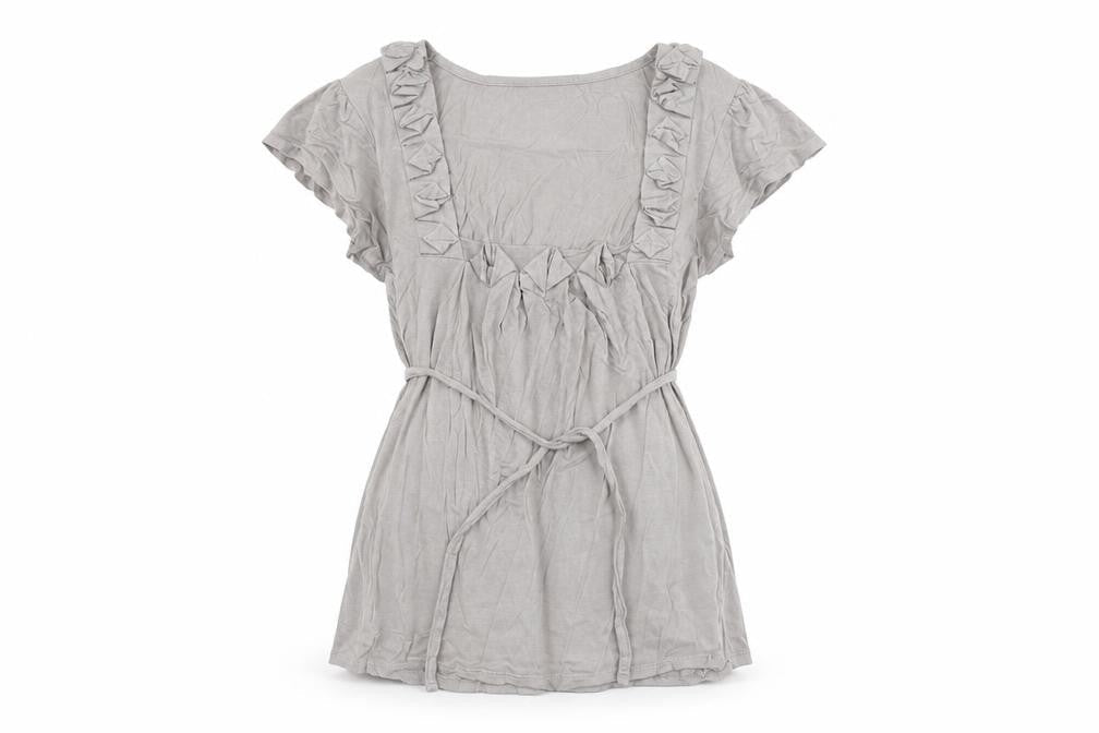 Warehouse Women’s Beige Ruffle Tunic Blouse Size 8 Short Sleeve