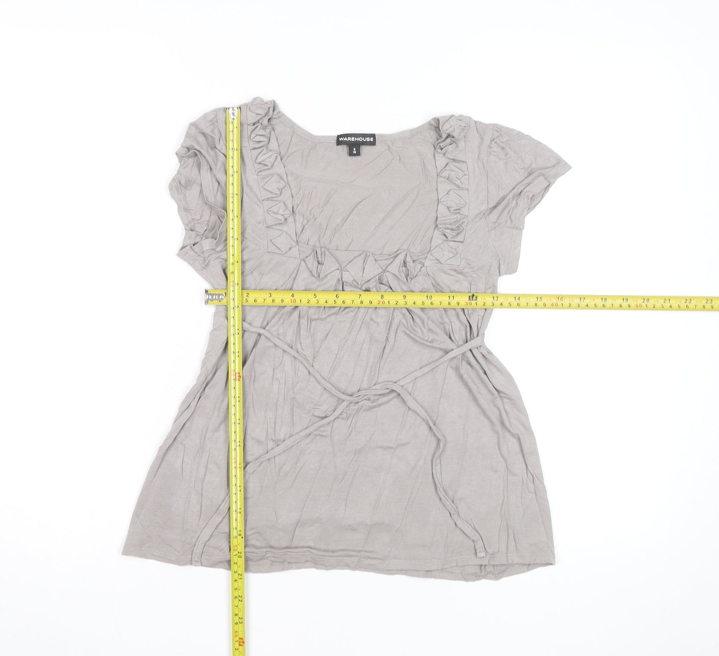 Warehouse Women’s Beige Ruffle Tunic Blouse Size 8 Short Sleeve