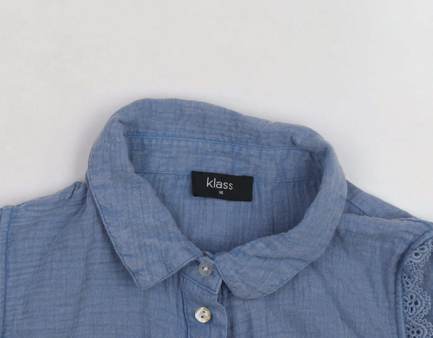 Klass Women's Blue Sleeveless Cotton Collared Button Tie Blouse Size 16
