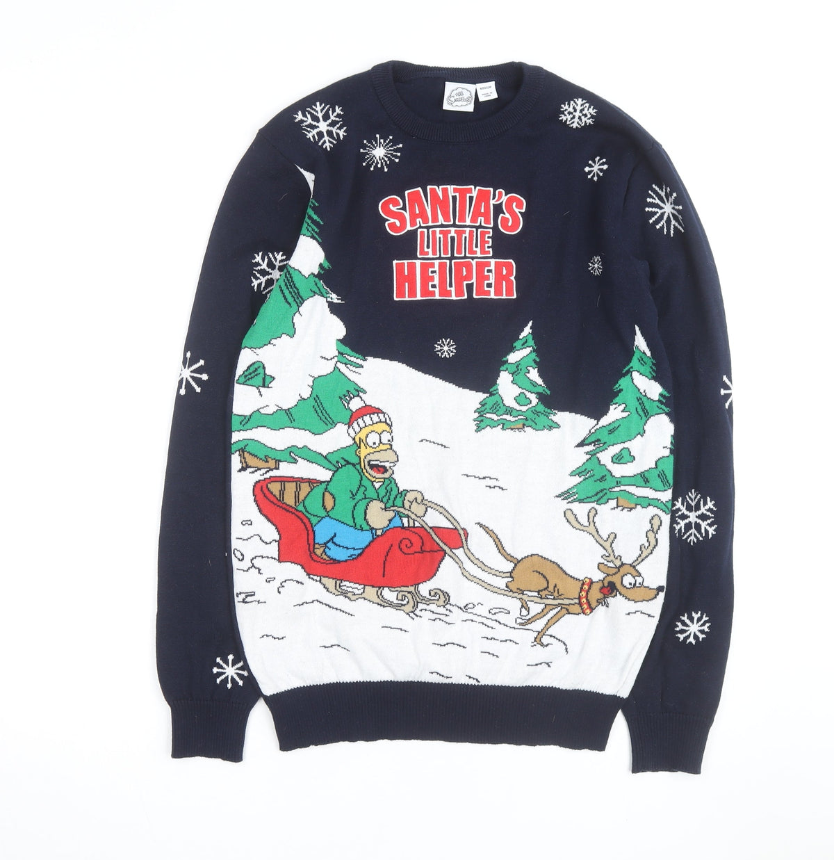Front view of The Simpsons Men's Navy Christmas Jumper Medium Pullover Crew Neck