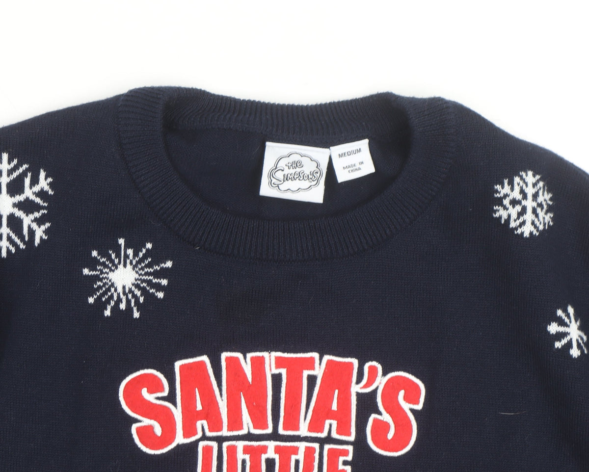 Brand and care label for The Simpsons Men's Navy Christmas Jumper Medium Pullover Crew Neck