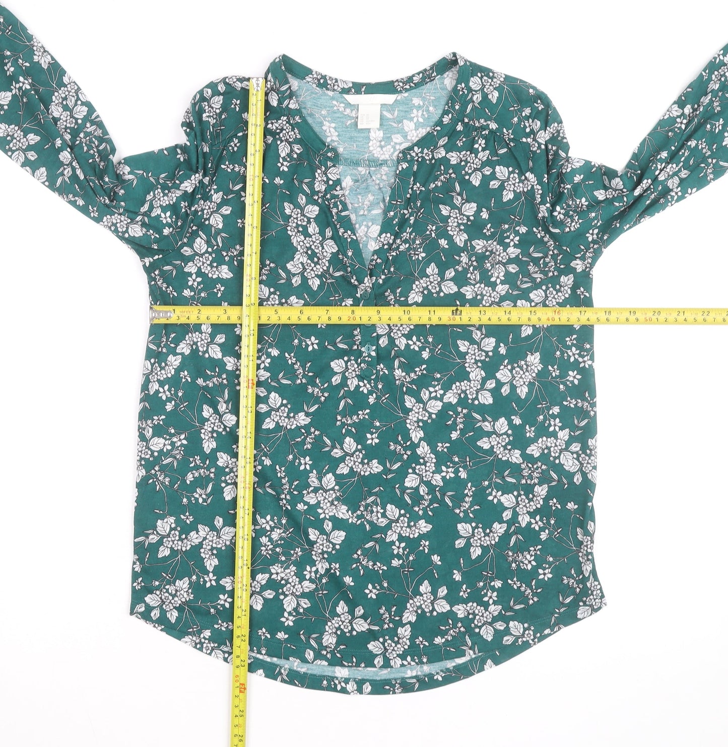 H&M Women’s Green Floral V-Neck Long Sleeve Cotton Tunic Blouse Size 10