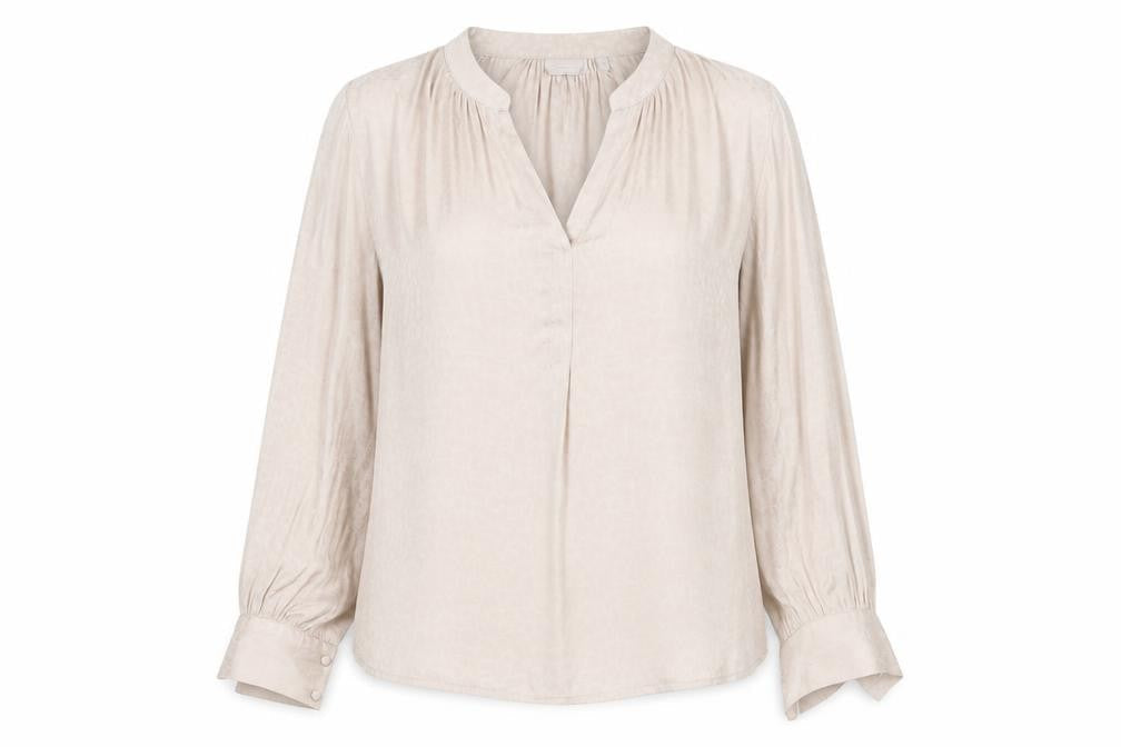 Front view of b.young women’s beige animal print tunic blouse, size UK 12