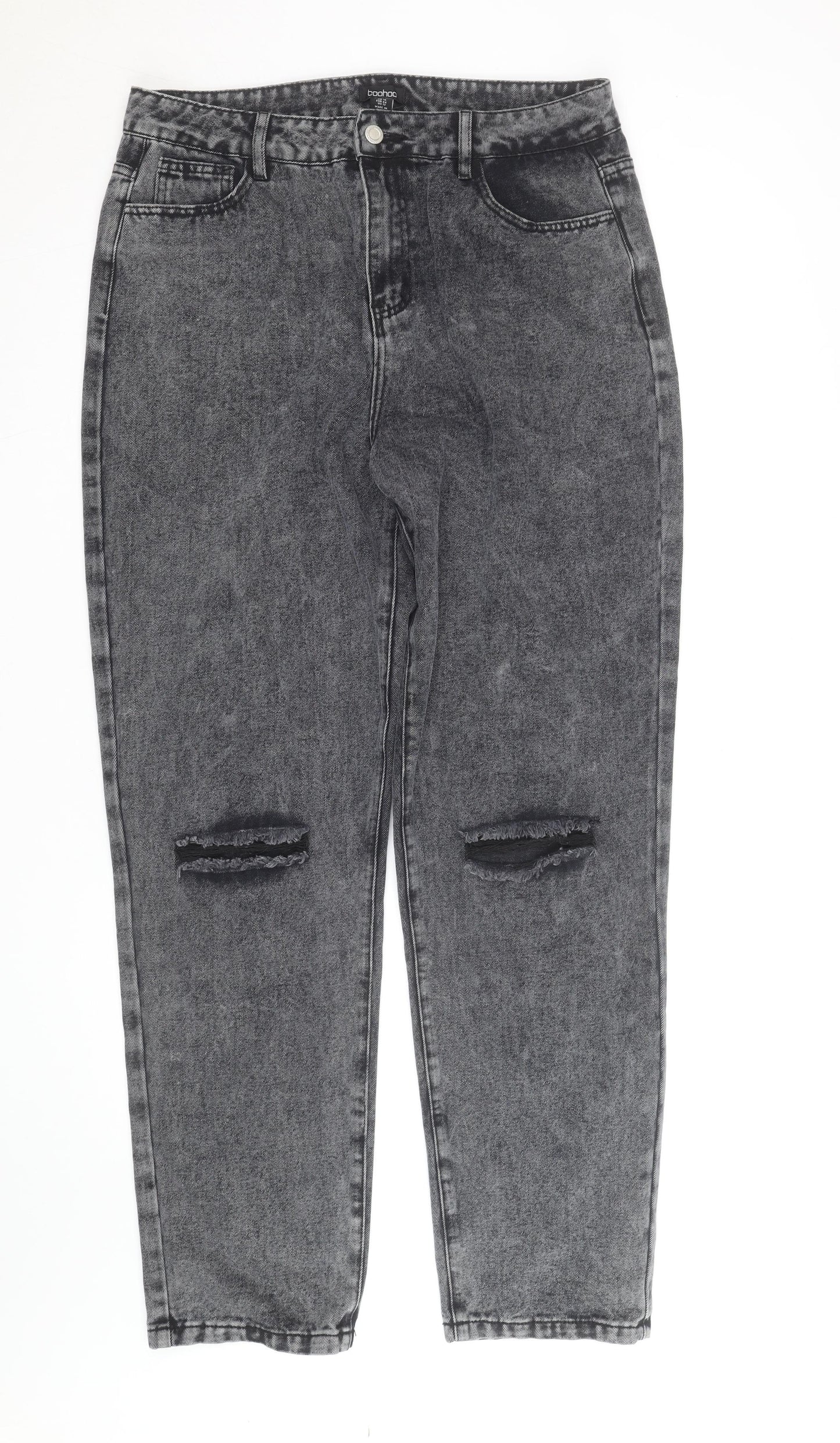 Boohoo Womens Grey Acid Wash Mom Jeans Size 16 Tall Distressed