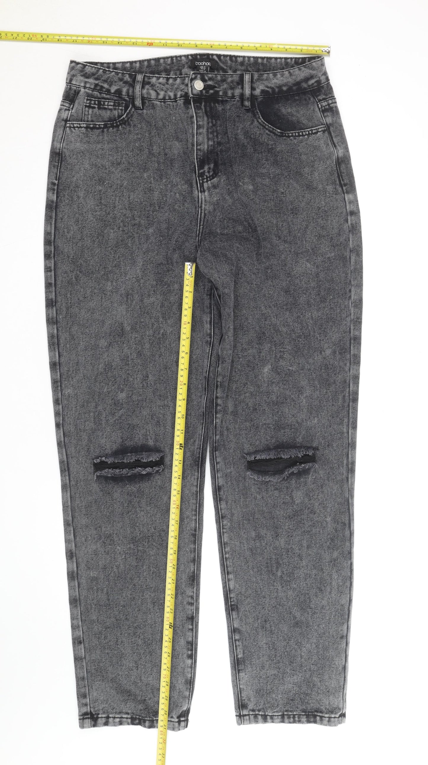 Boohoo Womens Grey Acid Wash Mom Jeans Size 16 Tall Distressed