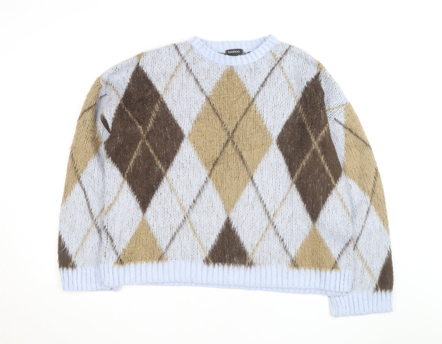 Boohoo Women Beige Argyle Knit Crew Neck Pullover Jumper Size 16/18