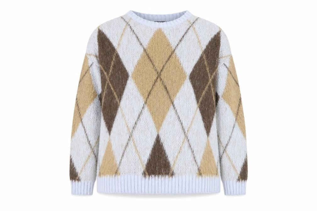 Boohoo Women Beige Argyle Knit Crew Neck Pullover Jumper Size 16/18