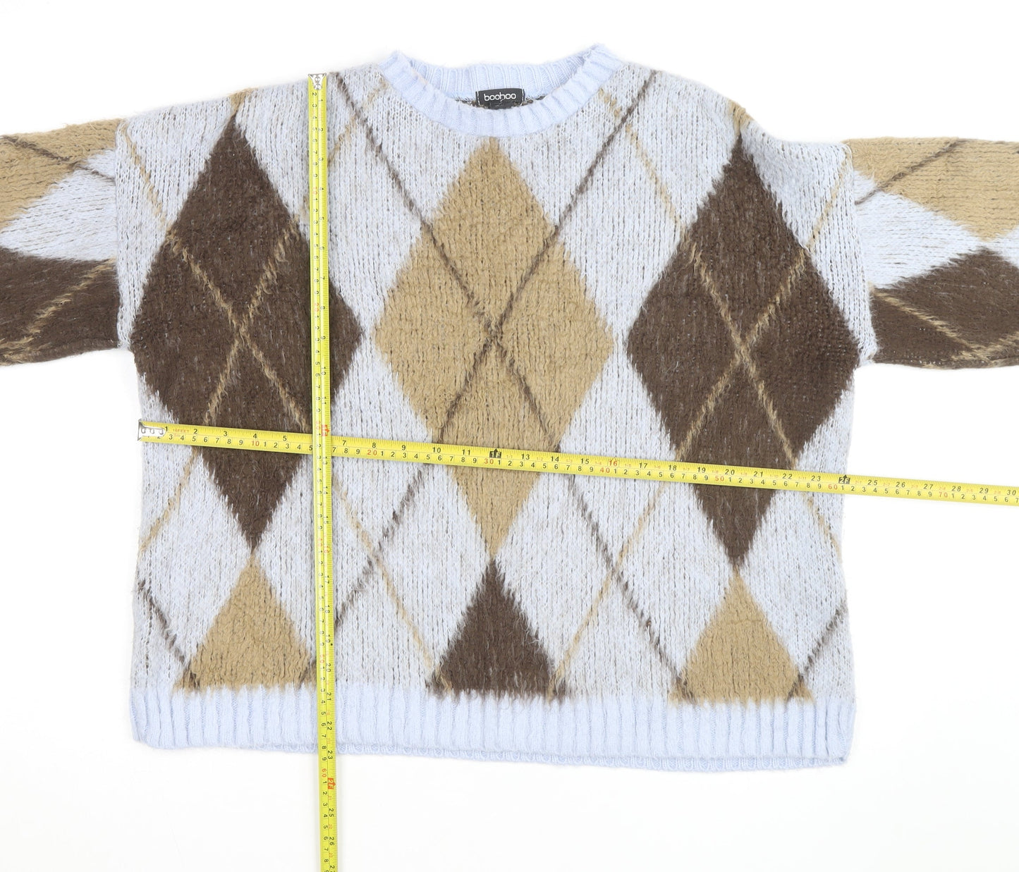 Boohoo Women Beige Argyle Knit Crew Neck Pullover Jumper Size 16/18