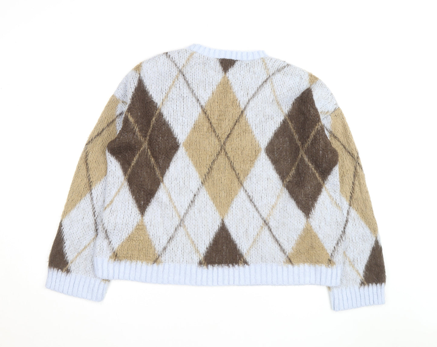 Boohoo Women Beige Argyle Knit Crew Neck Pullover Jumper Size 16/18