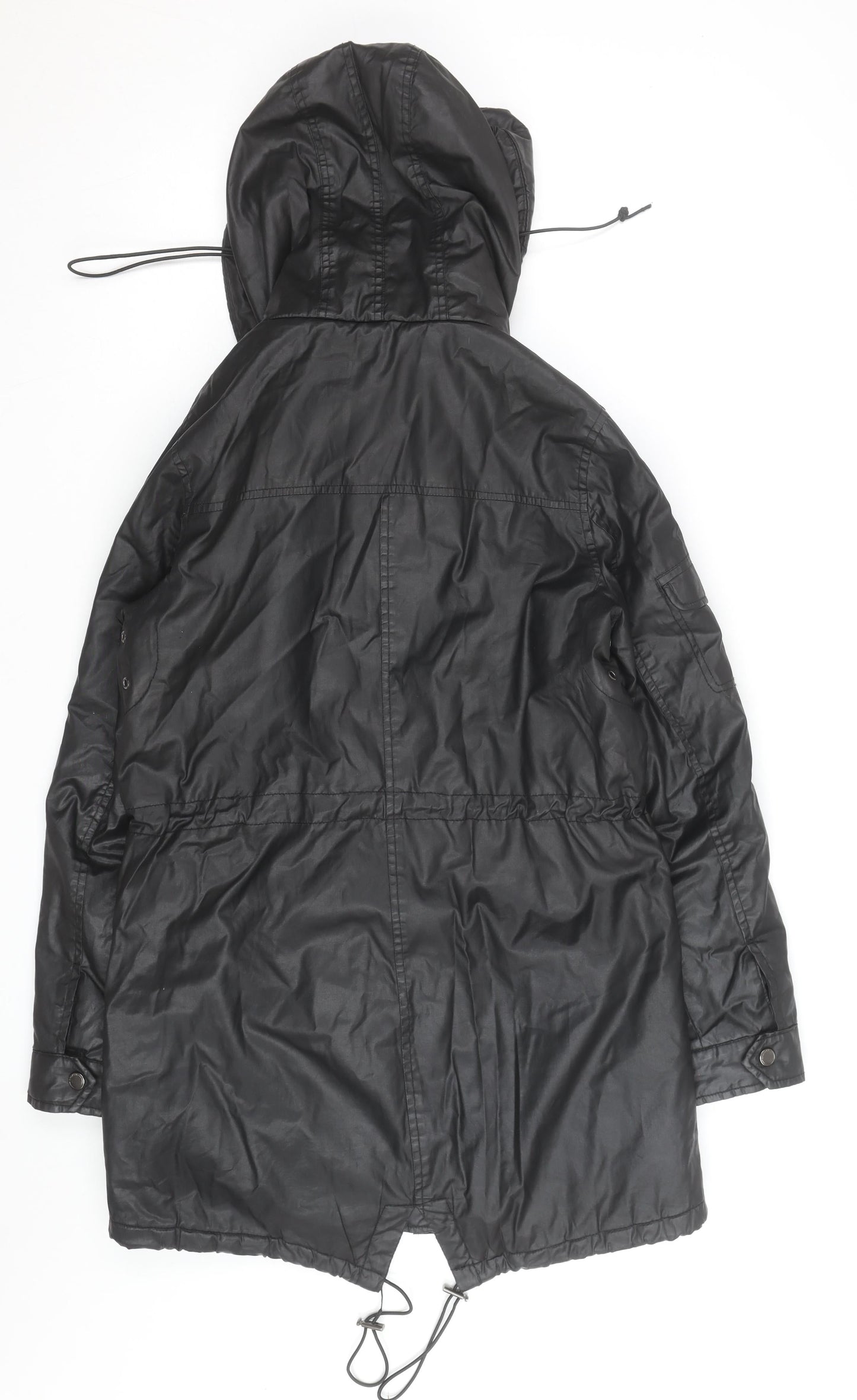 Papaya Women Black Faux Leather Fur Trim Parka Coat Size 10