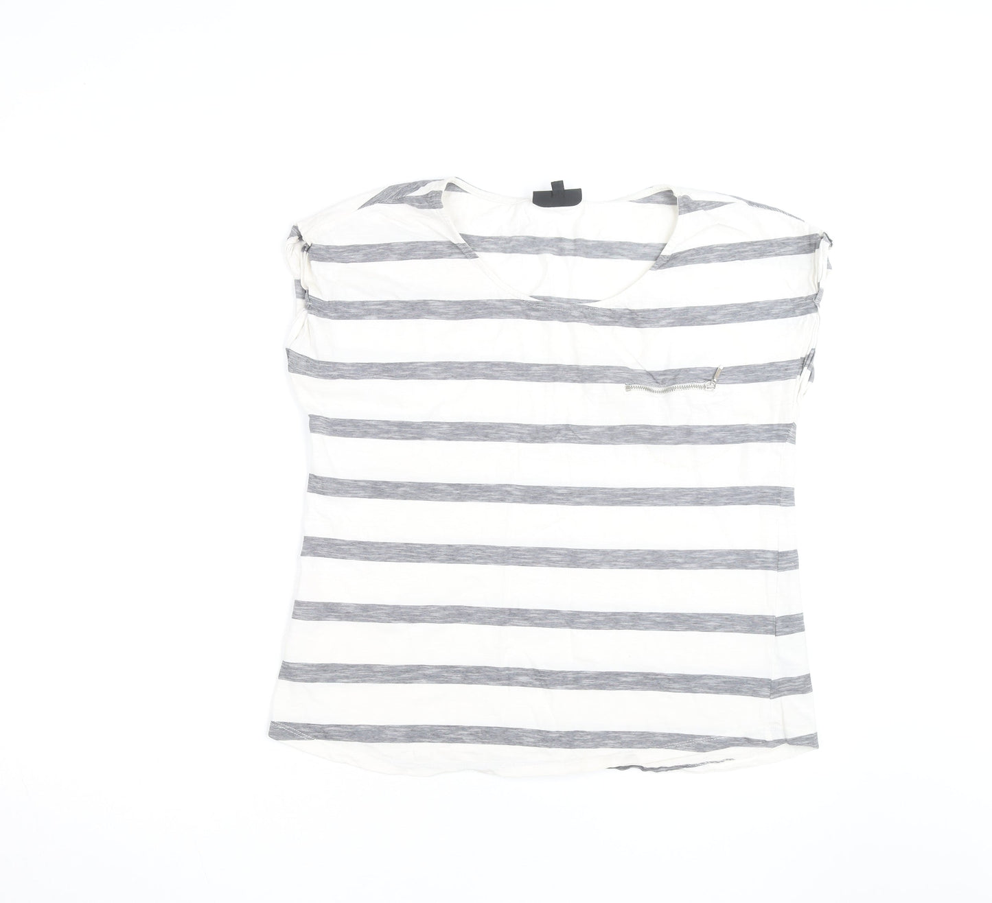 Warehouse Women’s Grey Stripe Cotton T-Shirt UK 16 Zip Pocket
