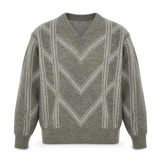 Strickschön Men’s Grey Wool Blend V-Neck Geometric Jumper XL