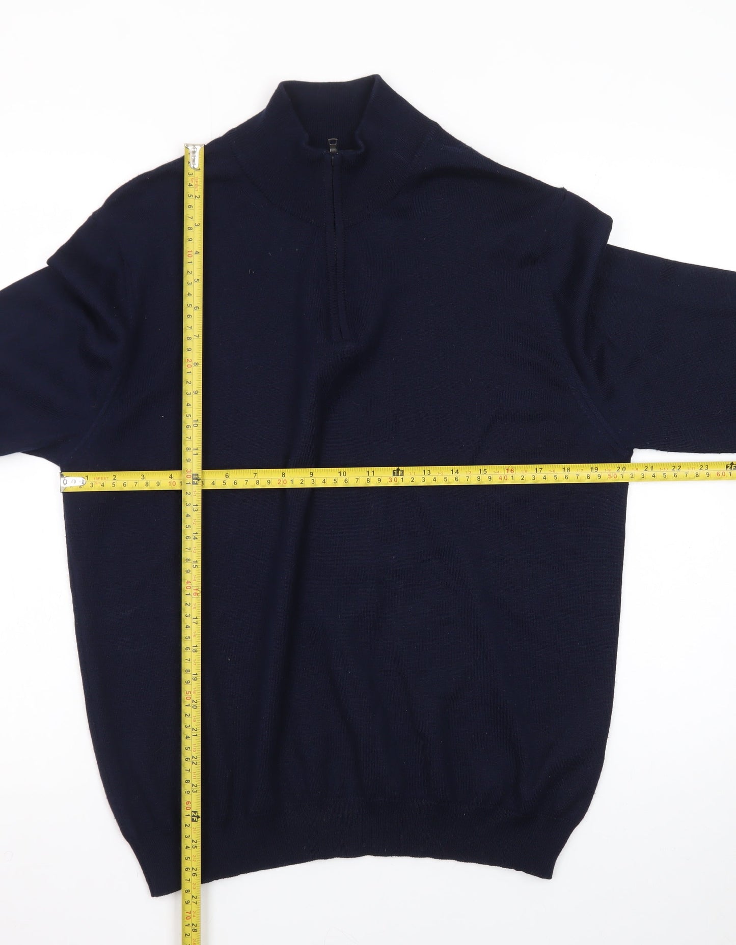 Marks and Spencer Mens Blue High Neck 1/2 Zip Wool Blend Jumper L