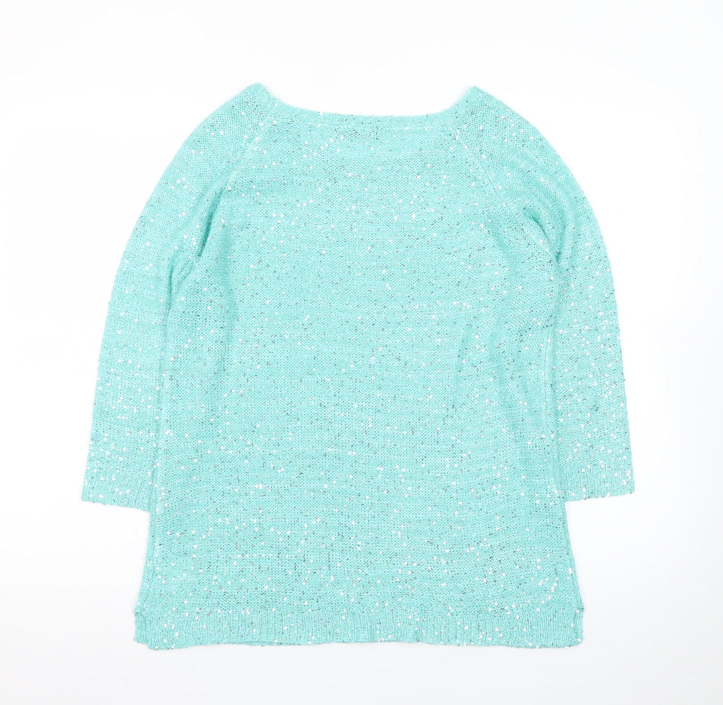 Bm Collection Women's Green Sequin Knit Boat Neck 3/4 Sleeve Jumper M