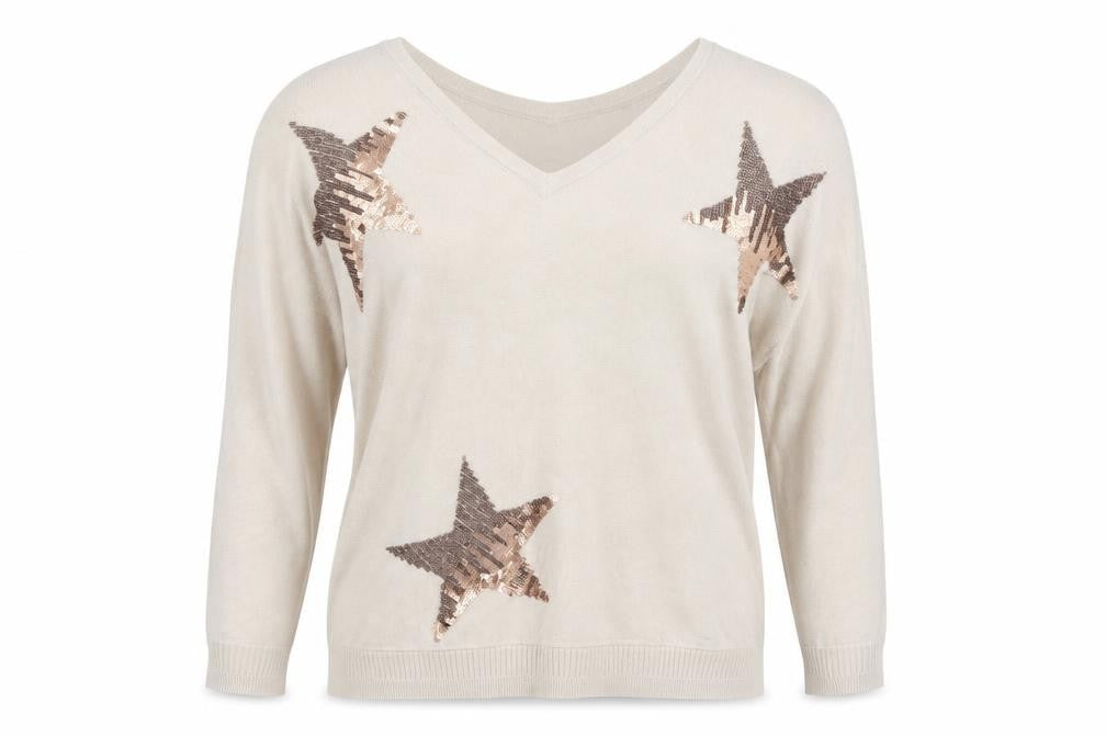 Next Womens Beige Sequin Star V-Neck Jumper Size 12