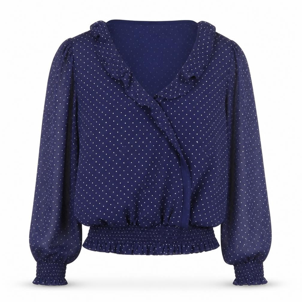Sonsandar Women's Blue Polka Dot Wrap Ruffle Blouse Size 8