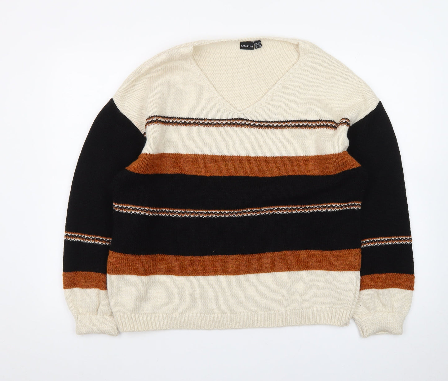 Bodyflirt Women’s Beige Black Brown Striped V-Neck Pullover Jumper M