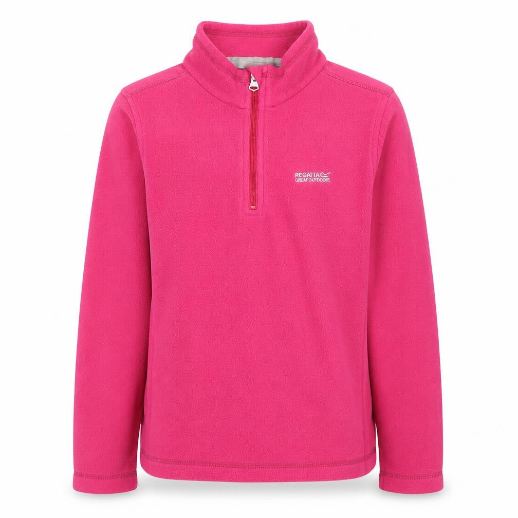 Front view of Regatta girls’ pink fleece half zip pullover sweatshirt 11-12 years