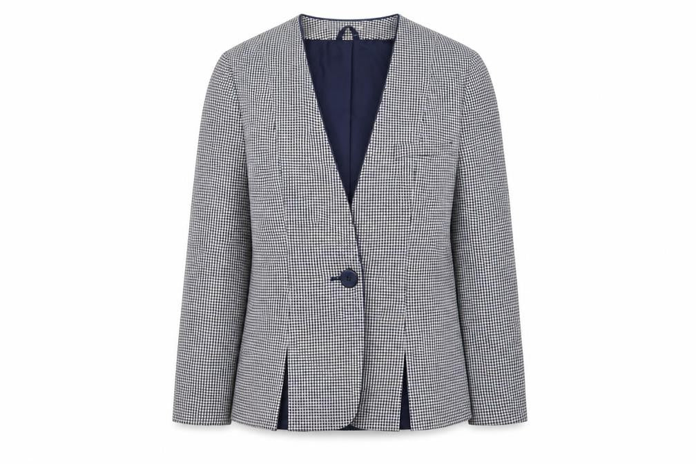 Front view of C&A Canda women’s black & white houndstooth blazer, size UK 10, single breasted