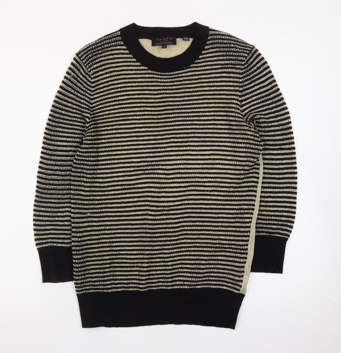 Ted Baker Women's Gold Striped Crew Neck Long Sleeve Jumper Size 12