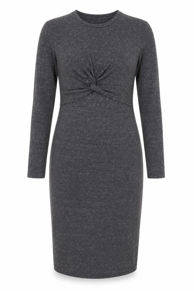 Front view of Miss Selfridge Women’s Grey Bodycon Midi Dress, size UK 14, Long Sleeve