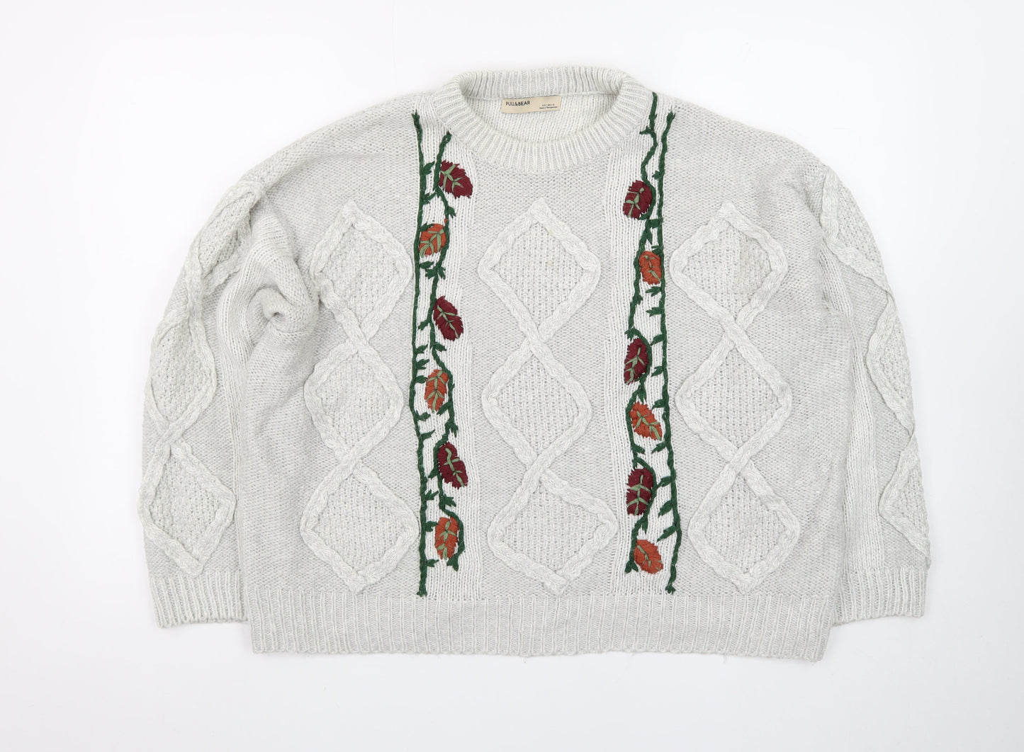Pull&Bear Women’s Beige Cable-Knit Pullover Jumper Size L Embroidered Floral Autumn