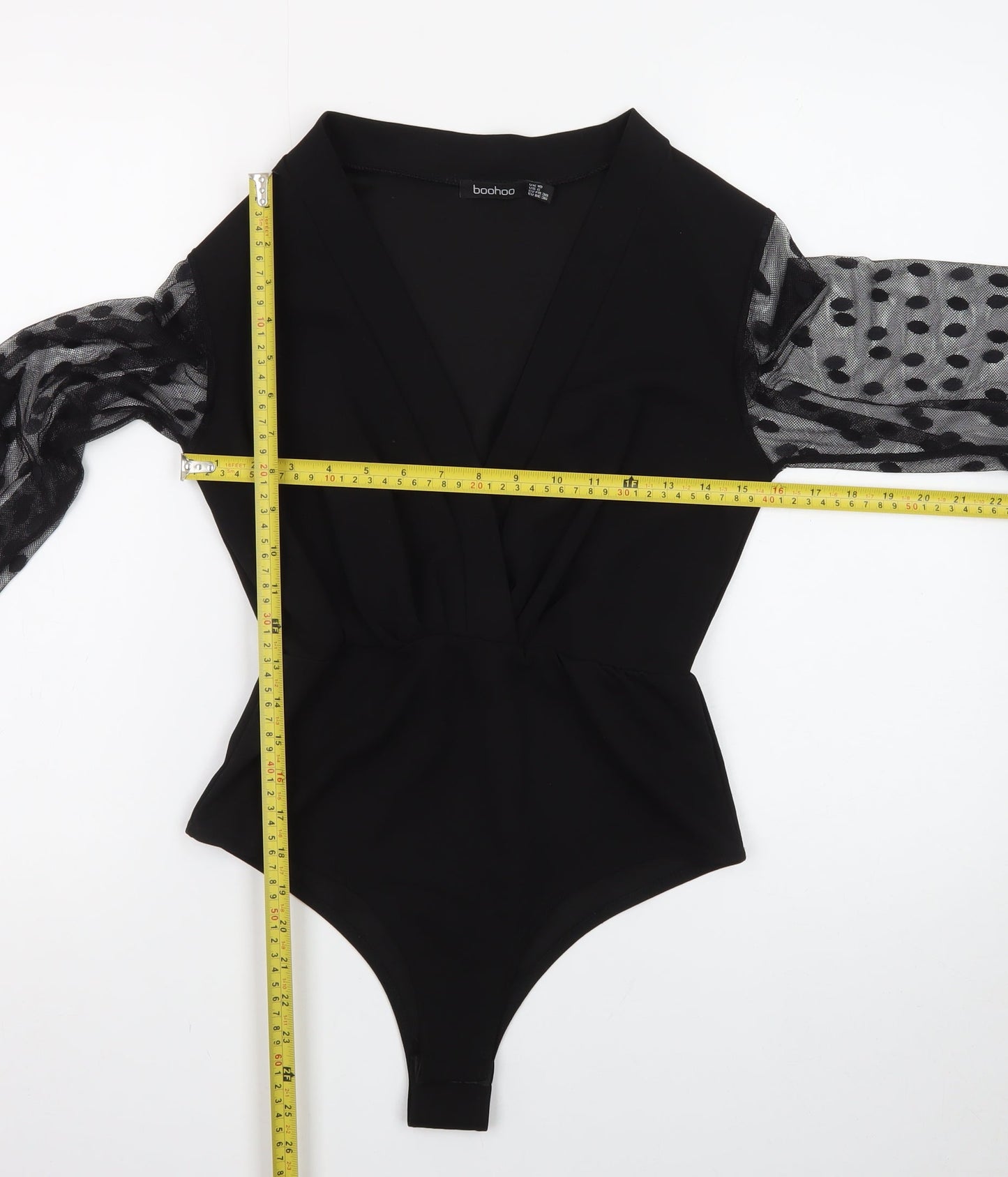 Boohoo Women Black Size 10 Wrap Mesh Polka Dot Long Sleeve Bodysuit