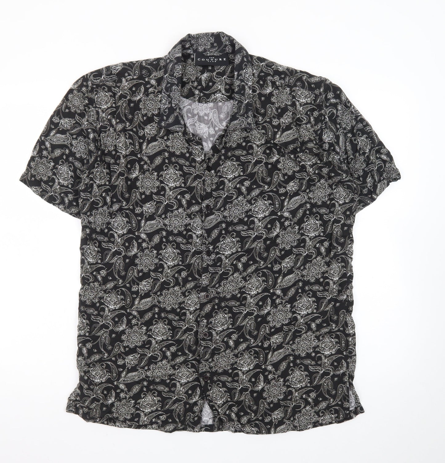 The Couture Club Men's Black Paisley Short Sleeve Button-Up Shirt L