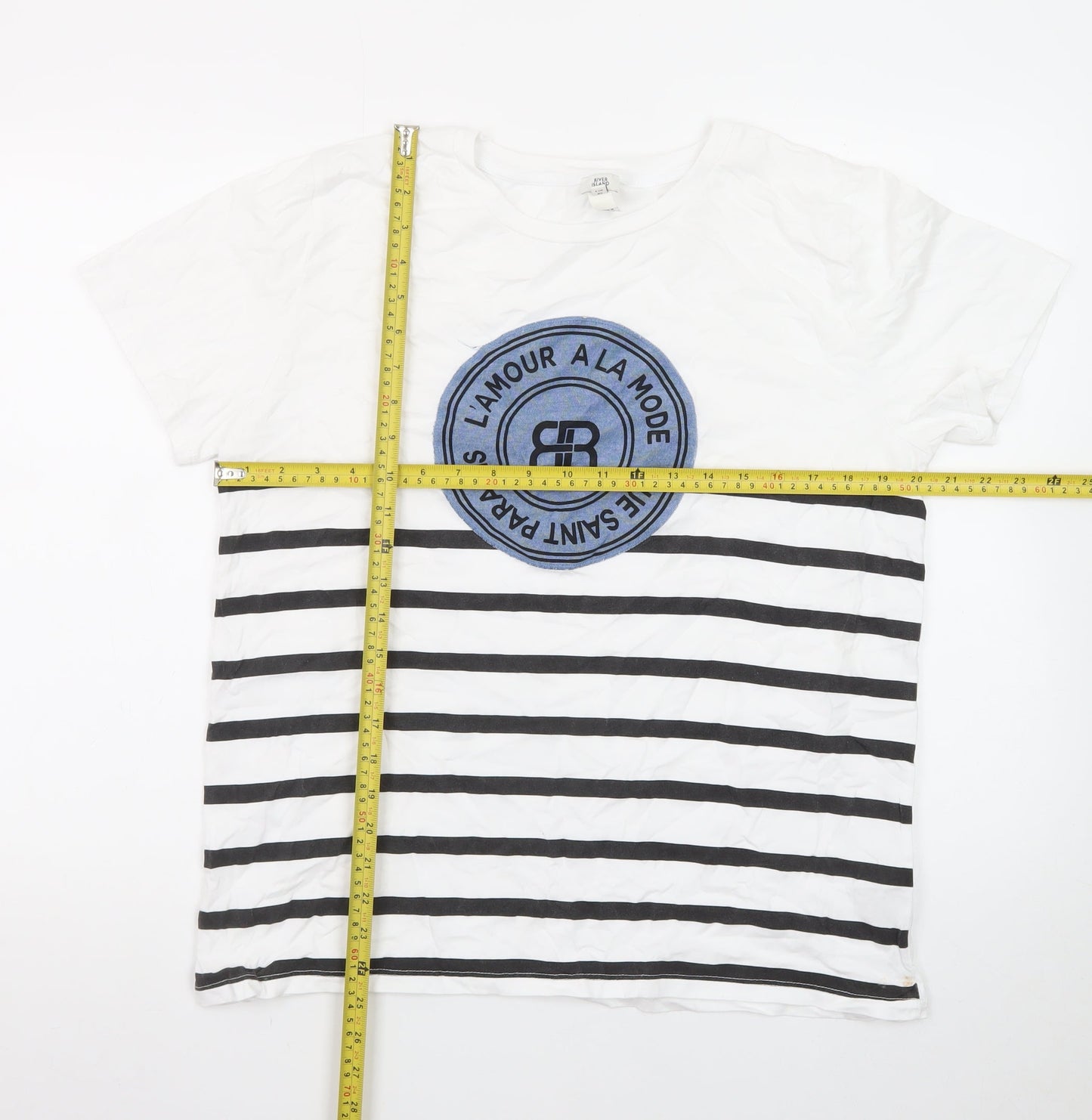 River Island Women White Striped T-Shirt UK 16 Cotton Crew Neck