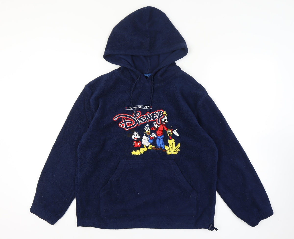 Front view of Disney Navy Fleece Pullover Hoodie Women L Mickey Donald Goofy Pluto