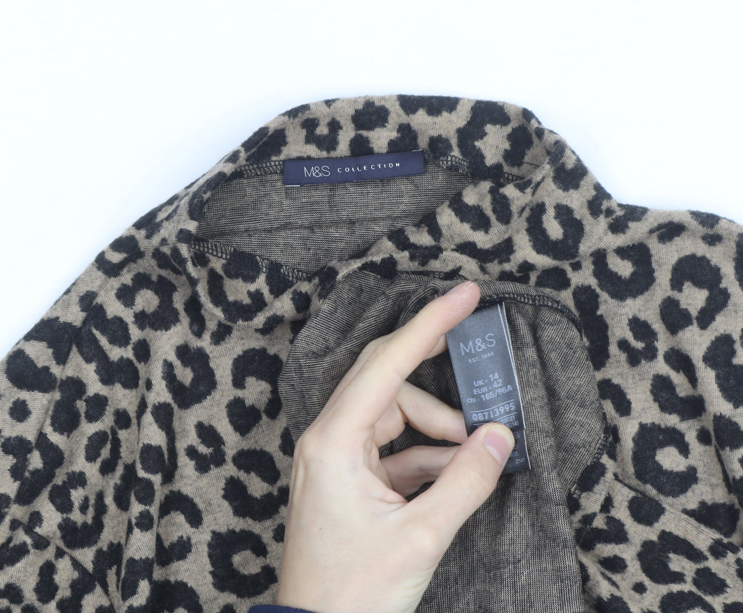 Marks and Spencer Women Brown Leopard Print High Neck Jumper Size 14