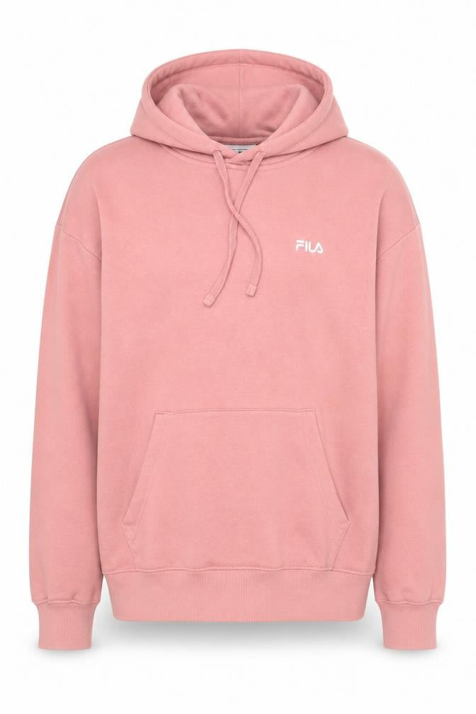 Front view of Fila Men's Pink Pullover Hoodie, size M, Hooded Sweatshirt