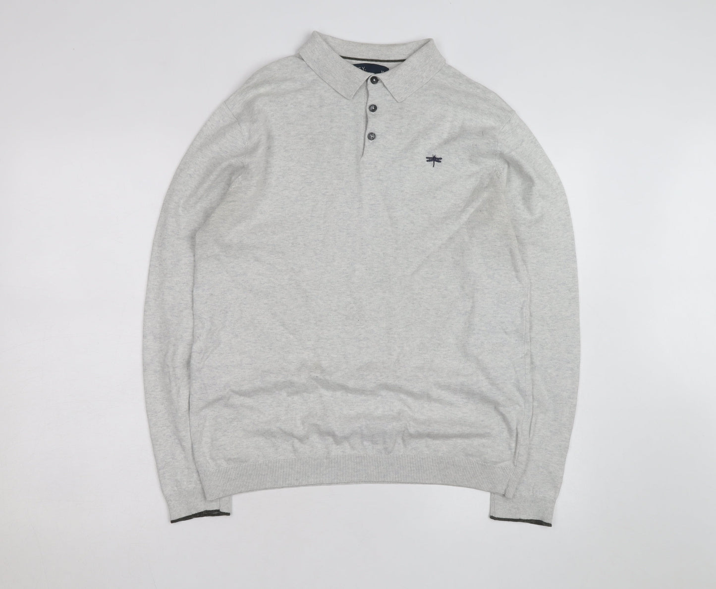 Easy Men's Grey Long Sleeve Cotton Polo Shirt Medium