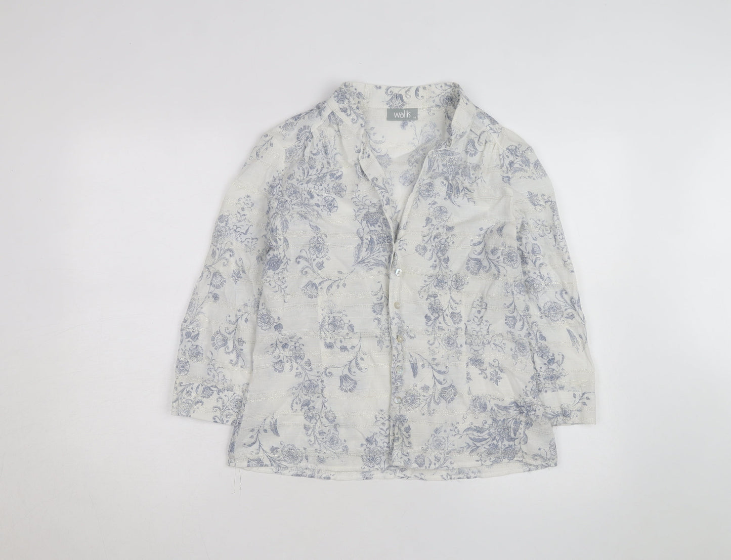 Wallis Women White Floral Linen Blend 3/4 Sleeve Blouse Size 14