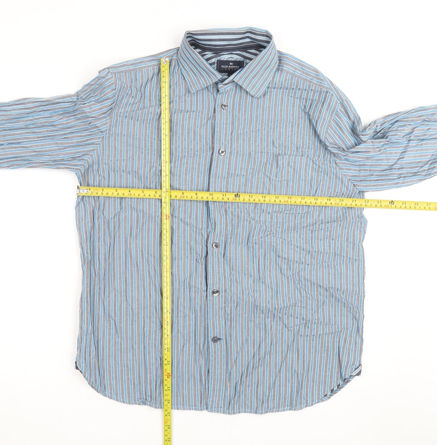 Marks and Spencer Blue Harbour Men's Blue Striped Cotton Long Sleeve Shirt L