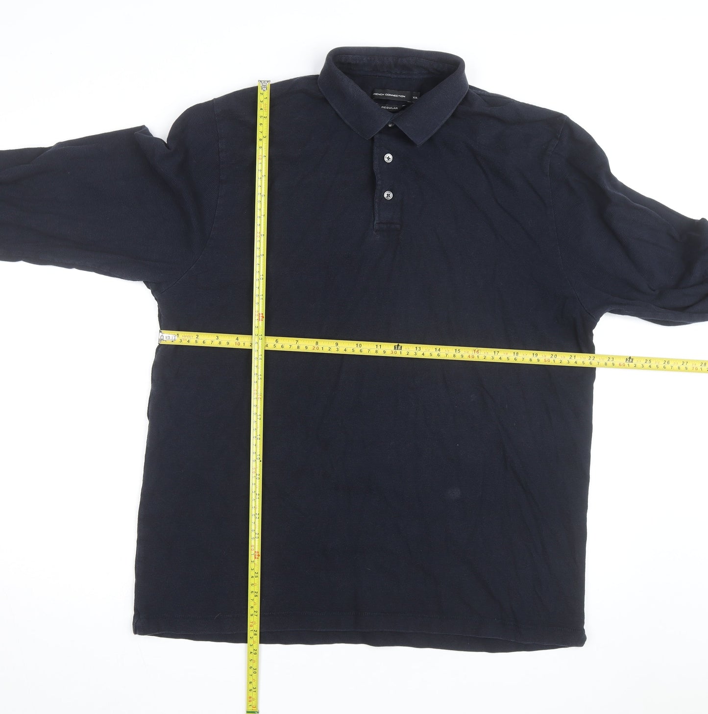French Connection Men's Black Long Sleeve Cotton Polo Shirt 2XL Regular Fit