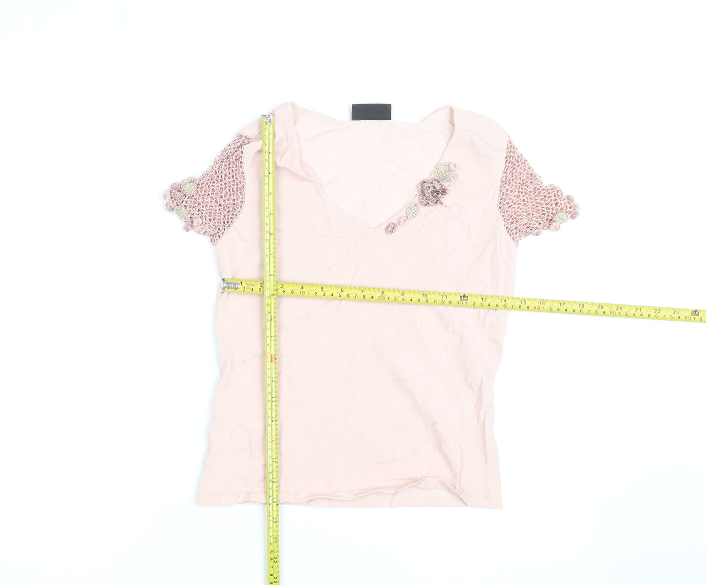 Principles Women Pink V-Neck Crochet Sleeve T-Shirt Size S