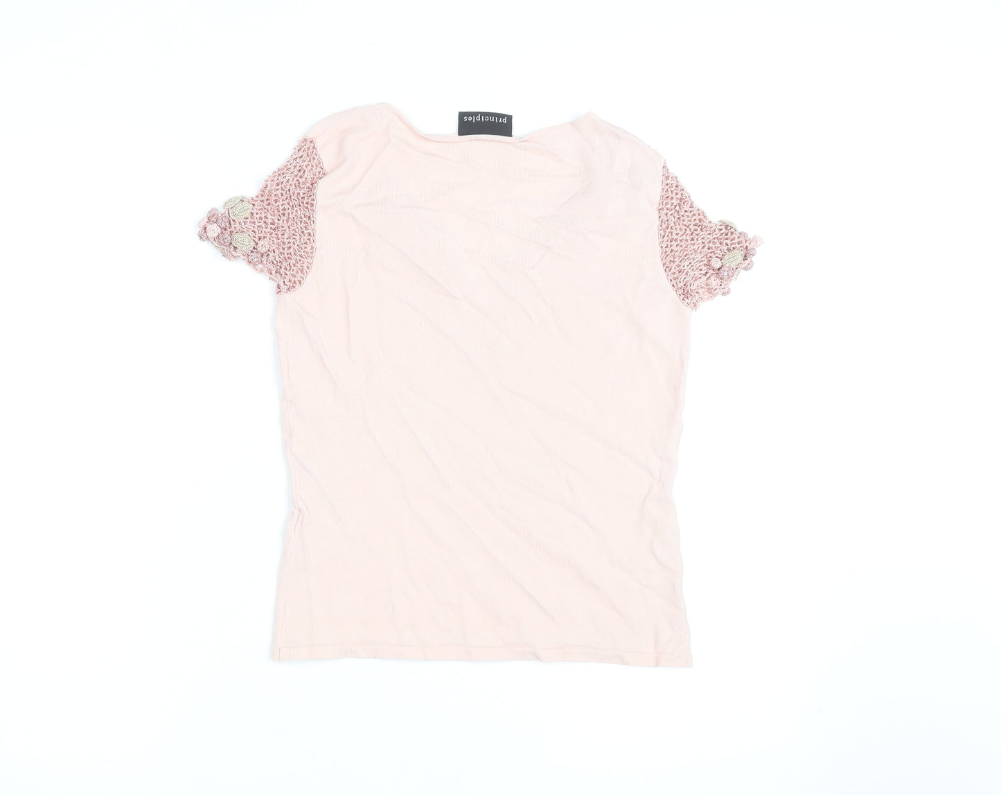 Principles Women Pink V-Neck Crochet Sleeve T-Shirt Size S