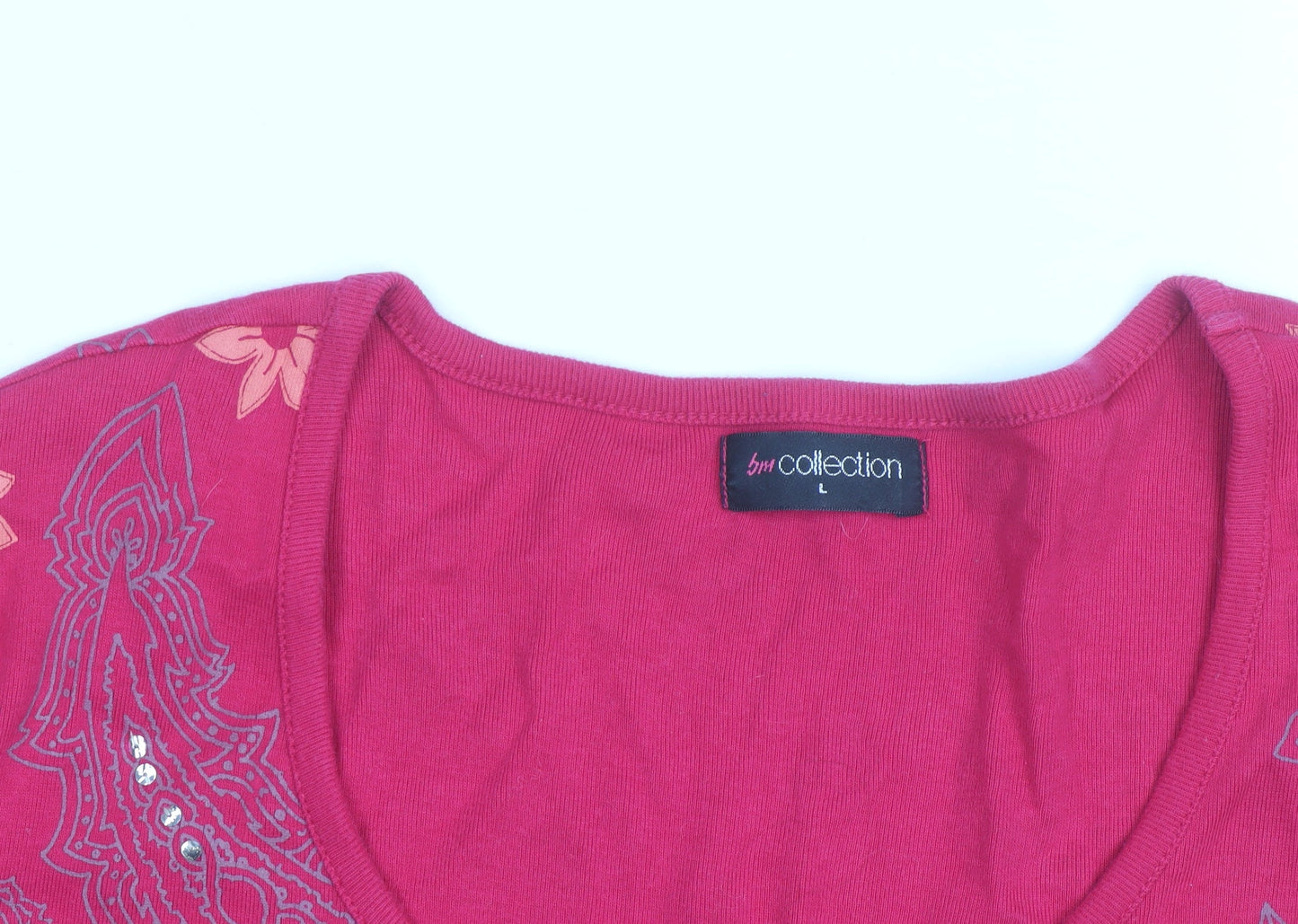 BM Collection Women's Pink Floral Beaded Short Sleeve Cotton T-Shirt L