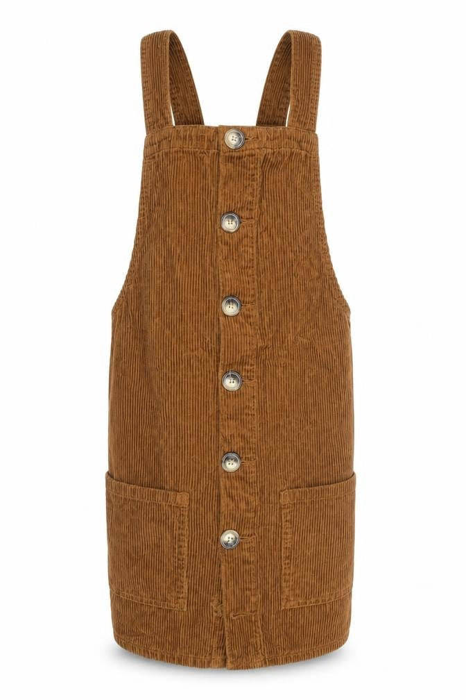 Front view of Denim Co Women Brown Corduroy Button Dungaree Dress, size 8