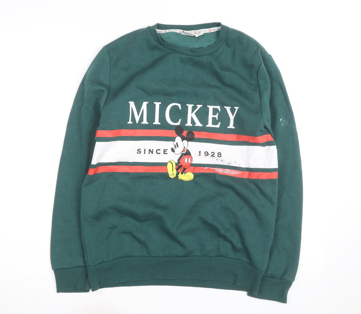 Front view of Disney Men's Green Mickey Mouse Graphic Pullover Sweatshirt, size S