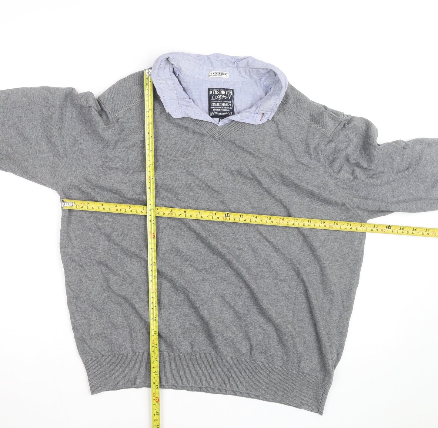 Kensington Eastside Men's Grey 2XL V-Neck Cotton Jumper
