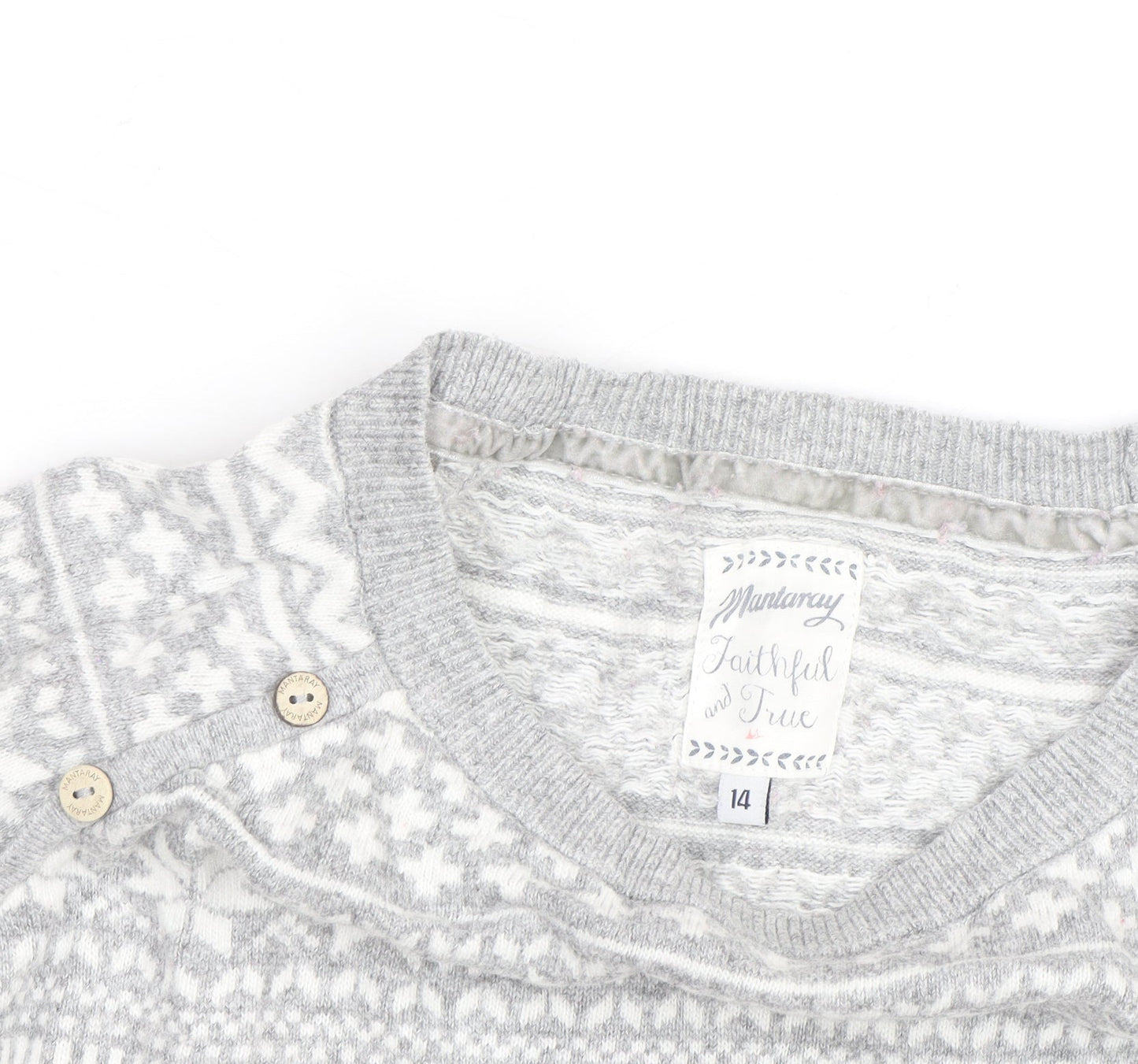 Mantaray Women's Grey Fair Isle Button Crew Neck Jumper Size 14