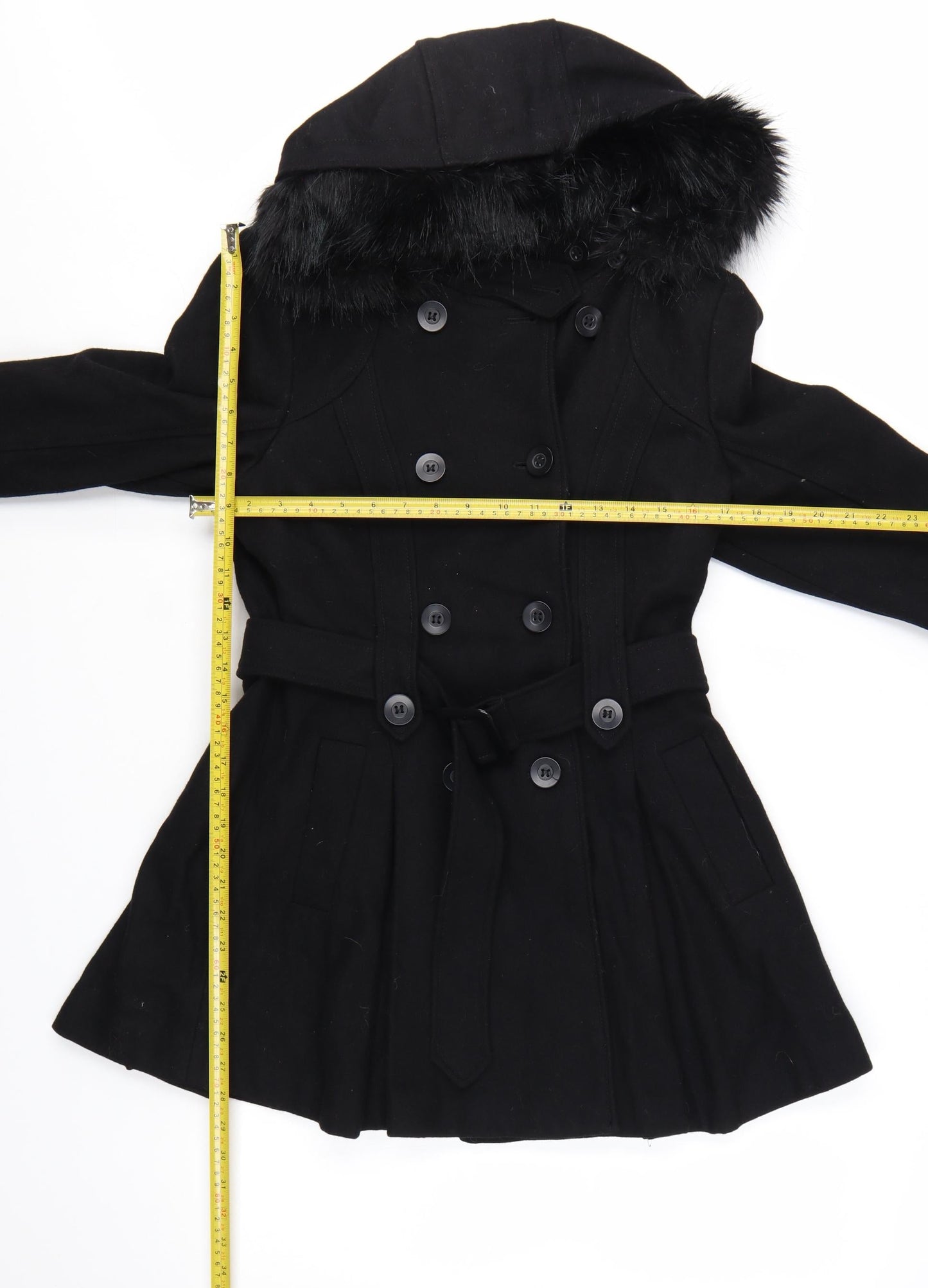 Warehouse Women's Black Wool Blend Belted Pea Coat UK 12