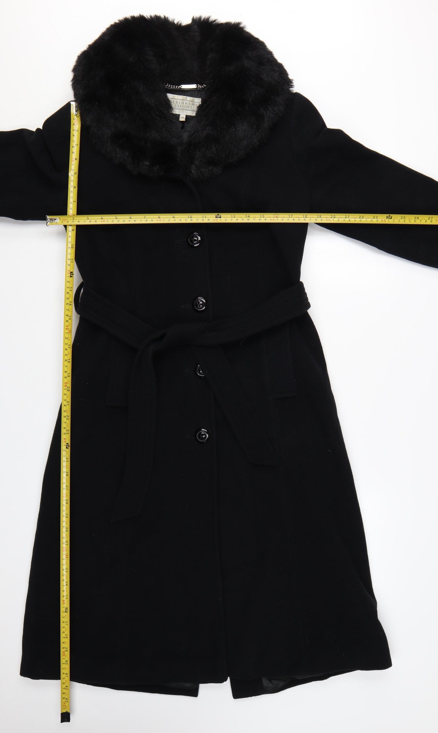 Debenhams Womens Black Wool Cashmere Long Belted Fur Collar Coat Size 10